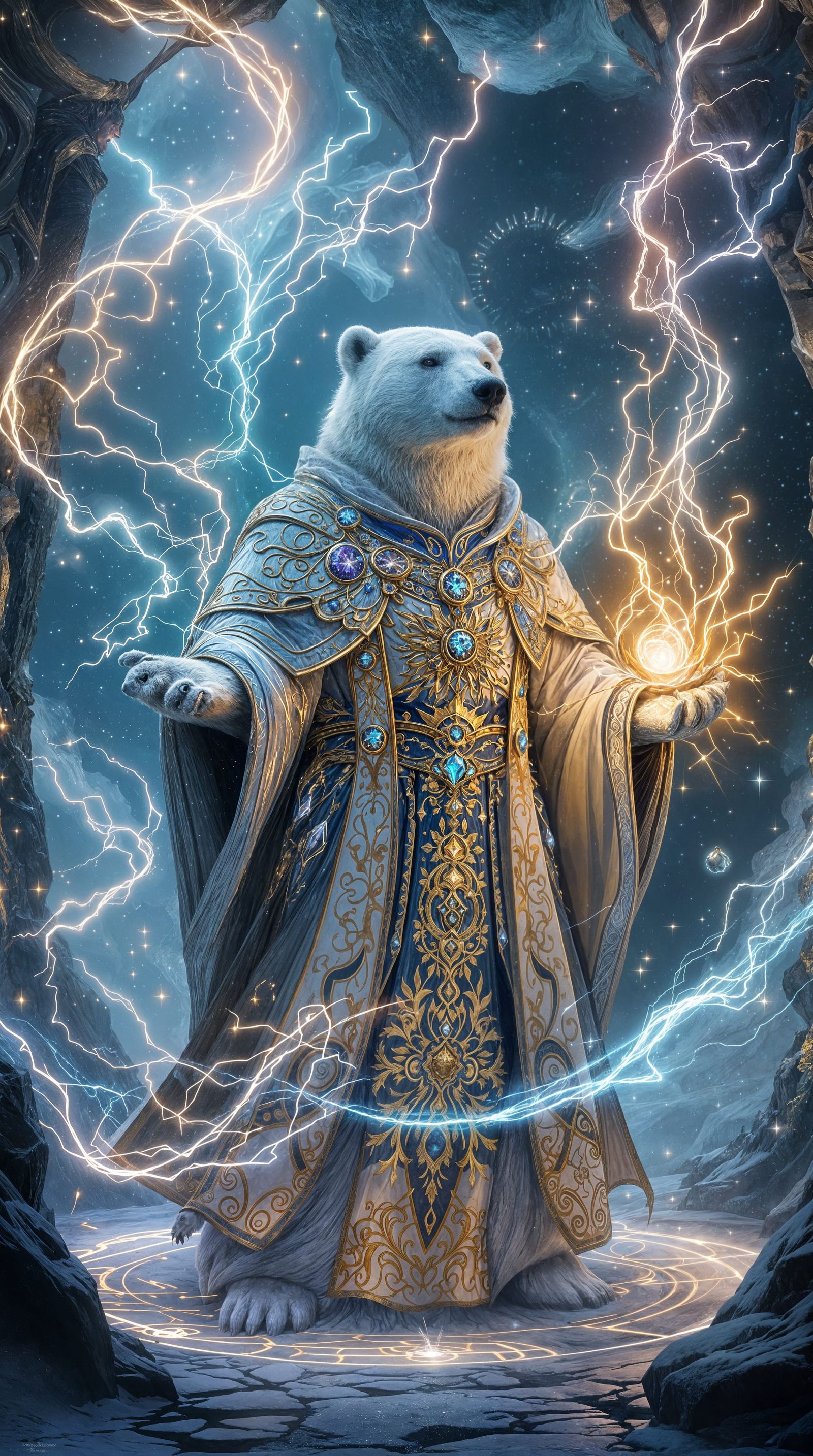 Mystical Polar Bear Mage Performs Ritual in Celestial Cavern