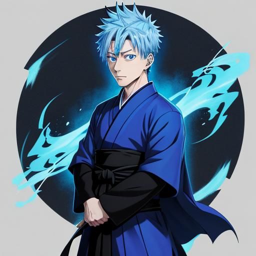 Blue-Haired Boy with Glowing Eyes in Manga Style