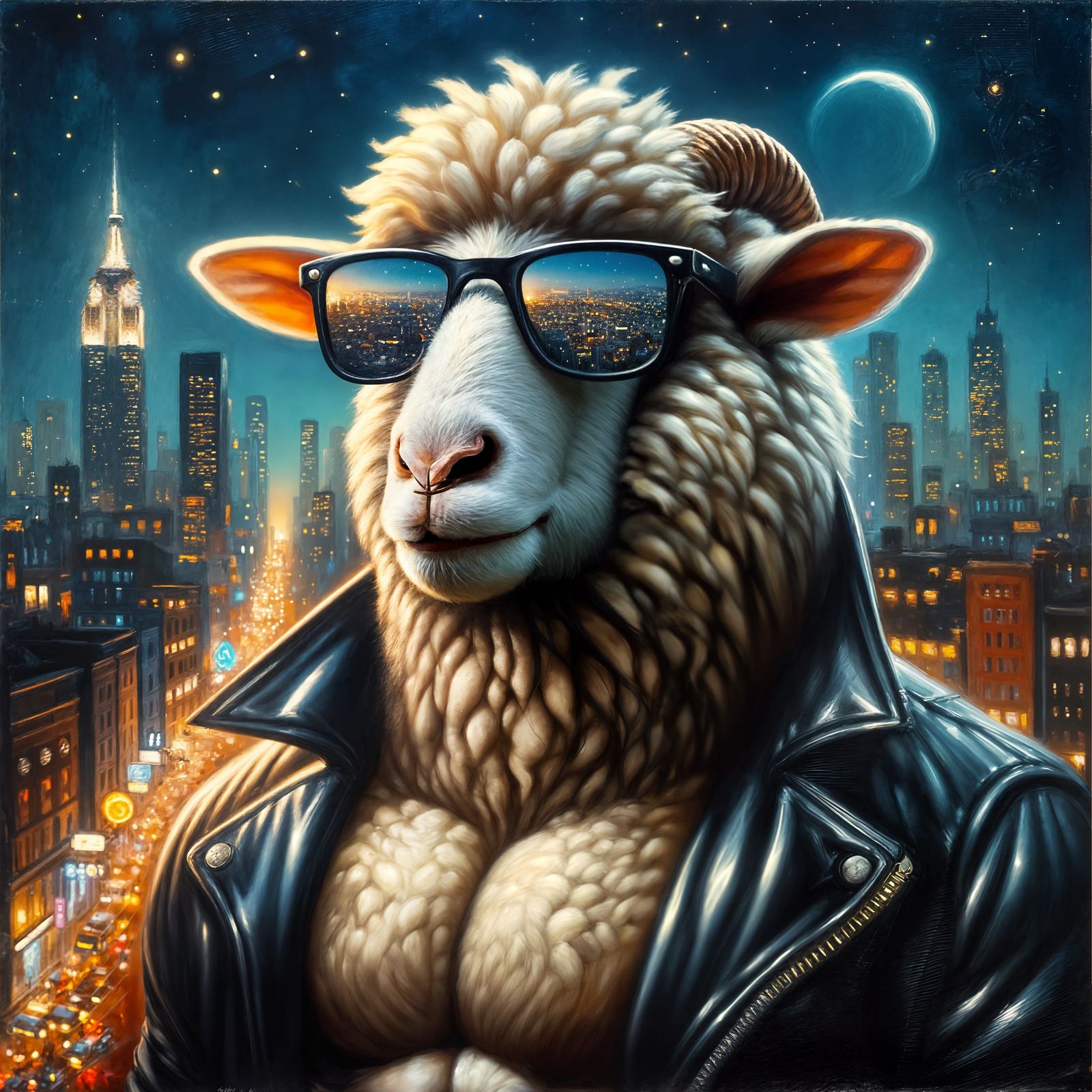 Sheep in Leather Jacket: Romanticism Oil Painting