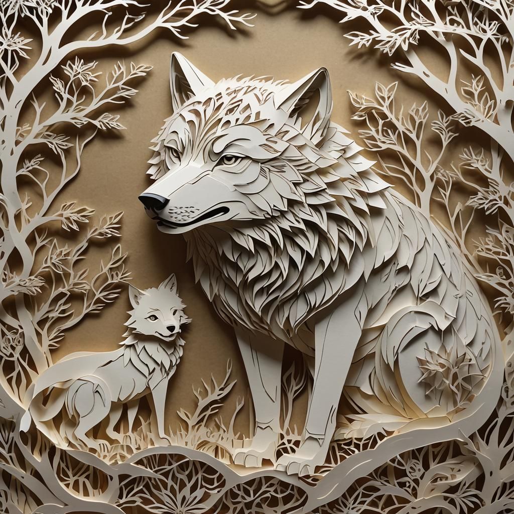Intricate Kirigami Wolf and Little Red
