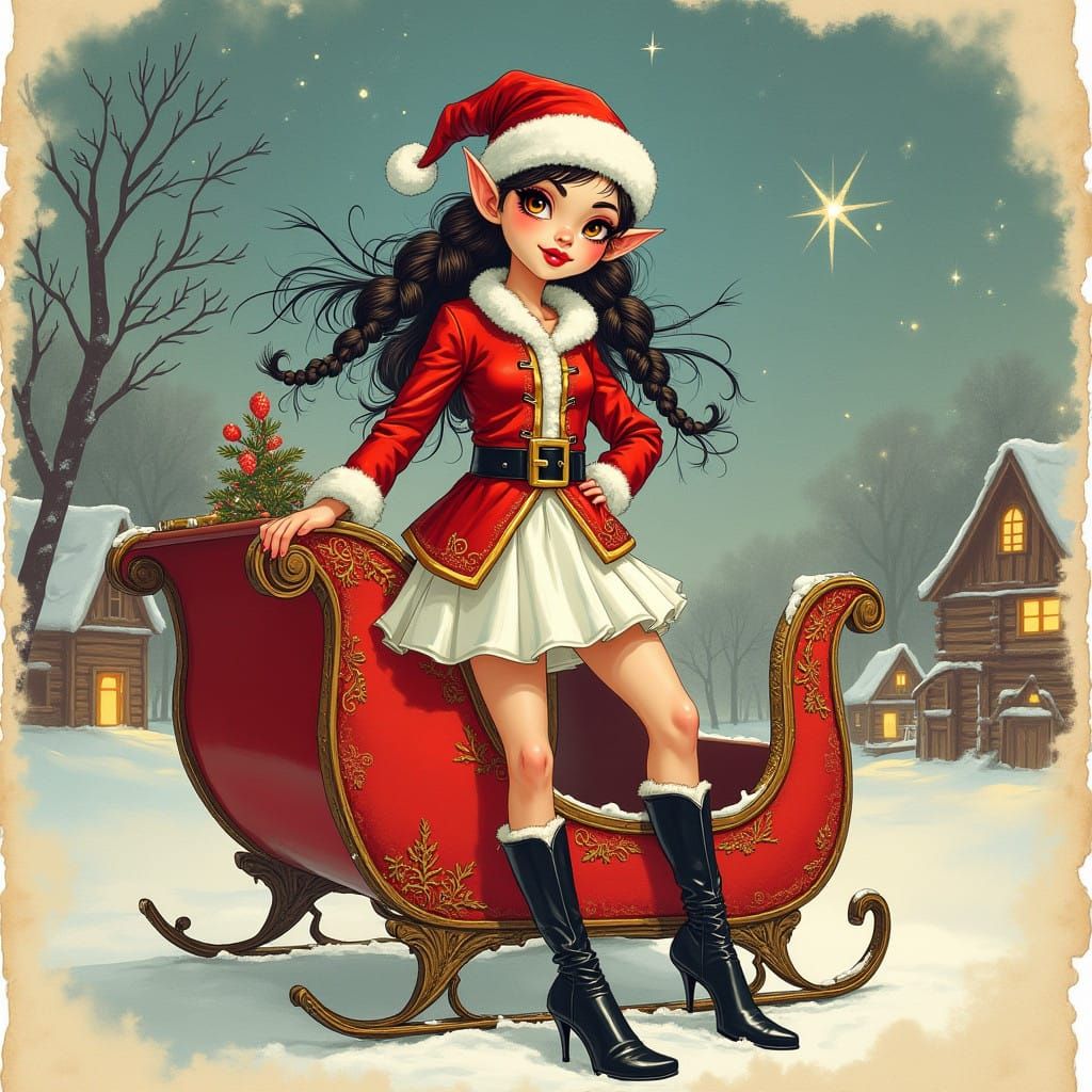 Confident Art Deco Elf Girl in Santa's Sleigh