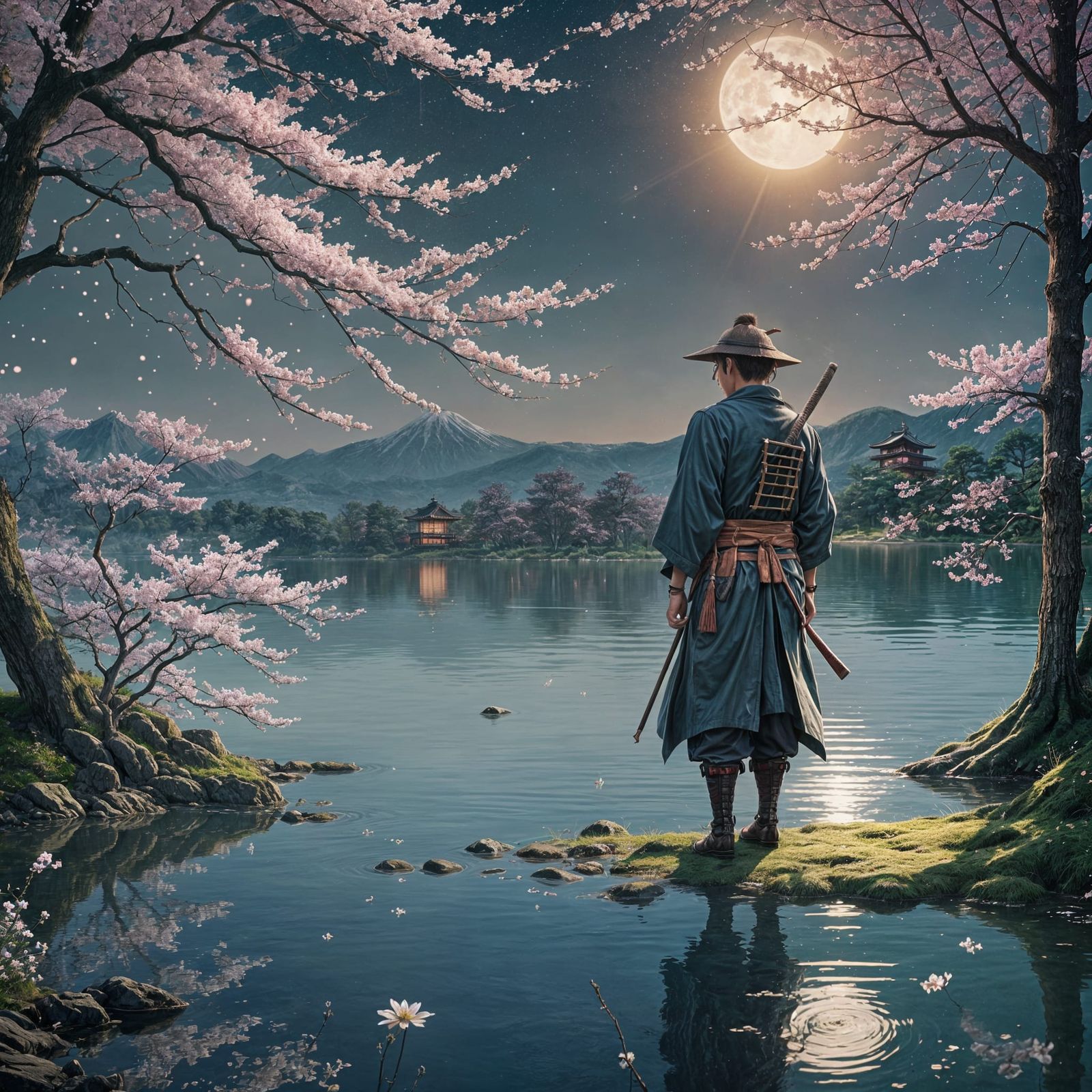Samurai Reflection at Night in Anime Style