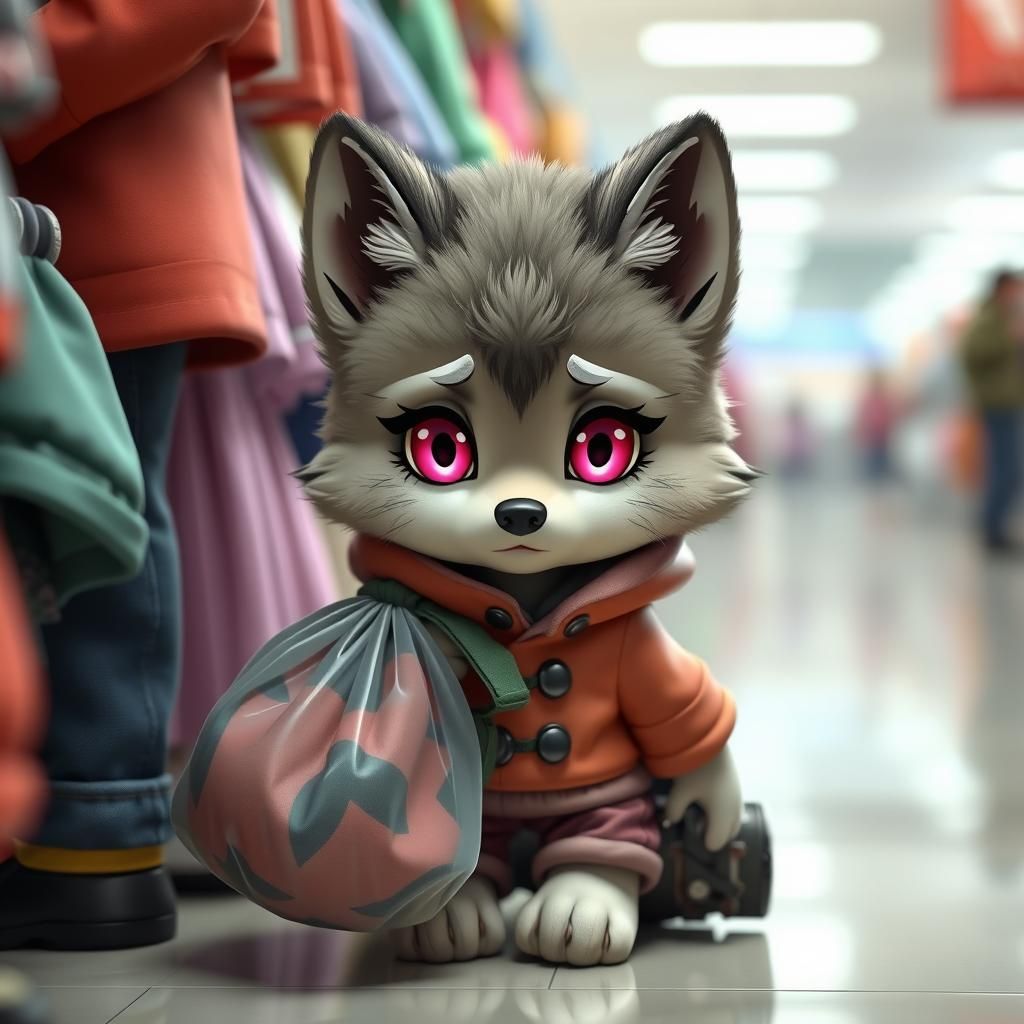 Sad Wolf Cub in Clothing Store, 3D Anime Art