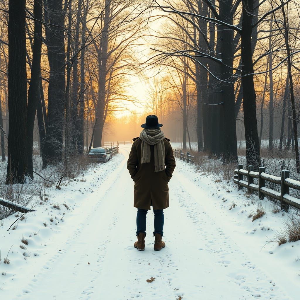 Contemplative Figure in Snowy Woods at Dusk
