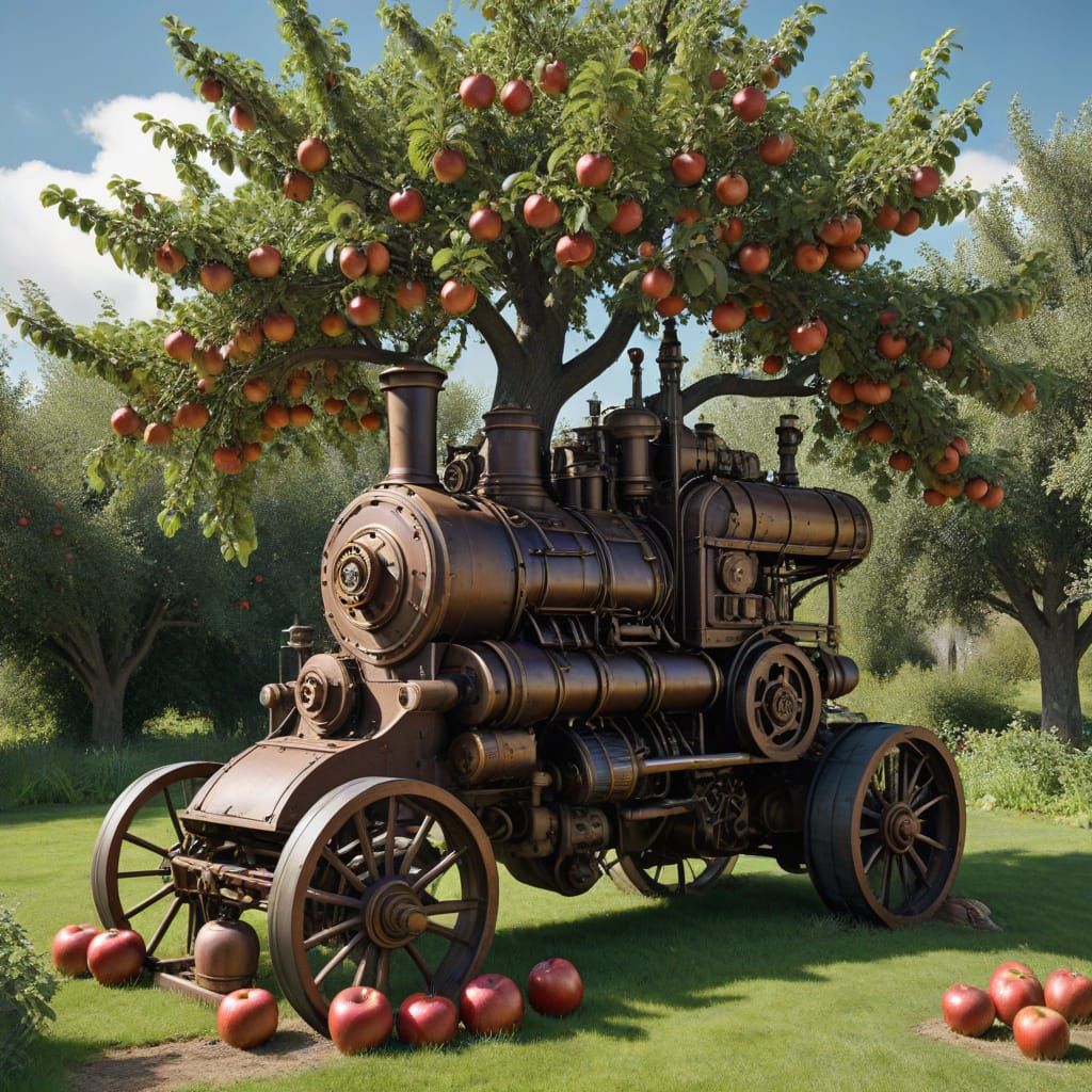 Vibrant Steampunk Apple Orchard Blooms with Abundance