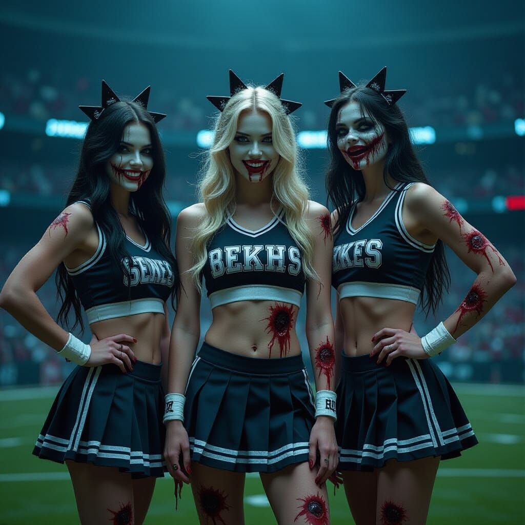 Undead Cheerleaders in Dark Stadium Shadows