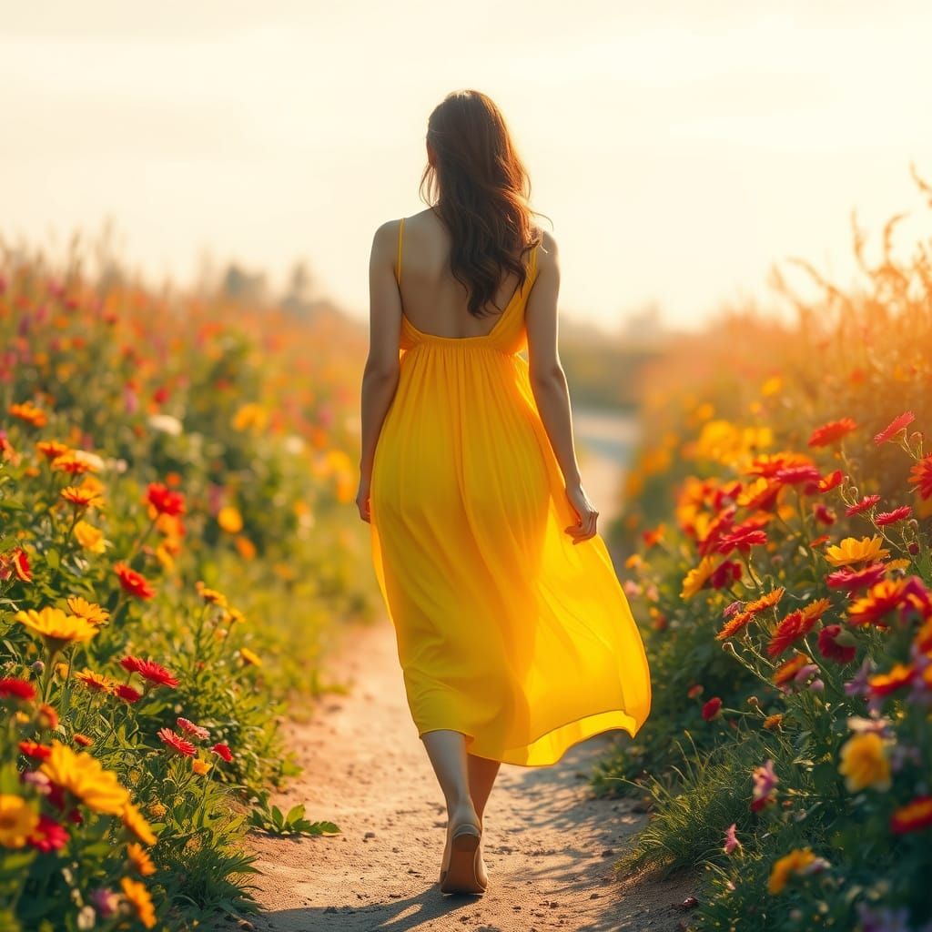 Vibrant Woman Strolls through Sunny Floral Landscape