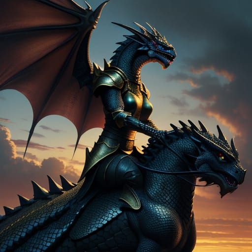 Girl on Black Dragon in Flight: Fantasy Art