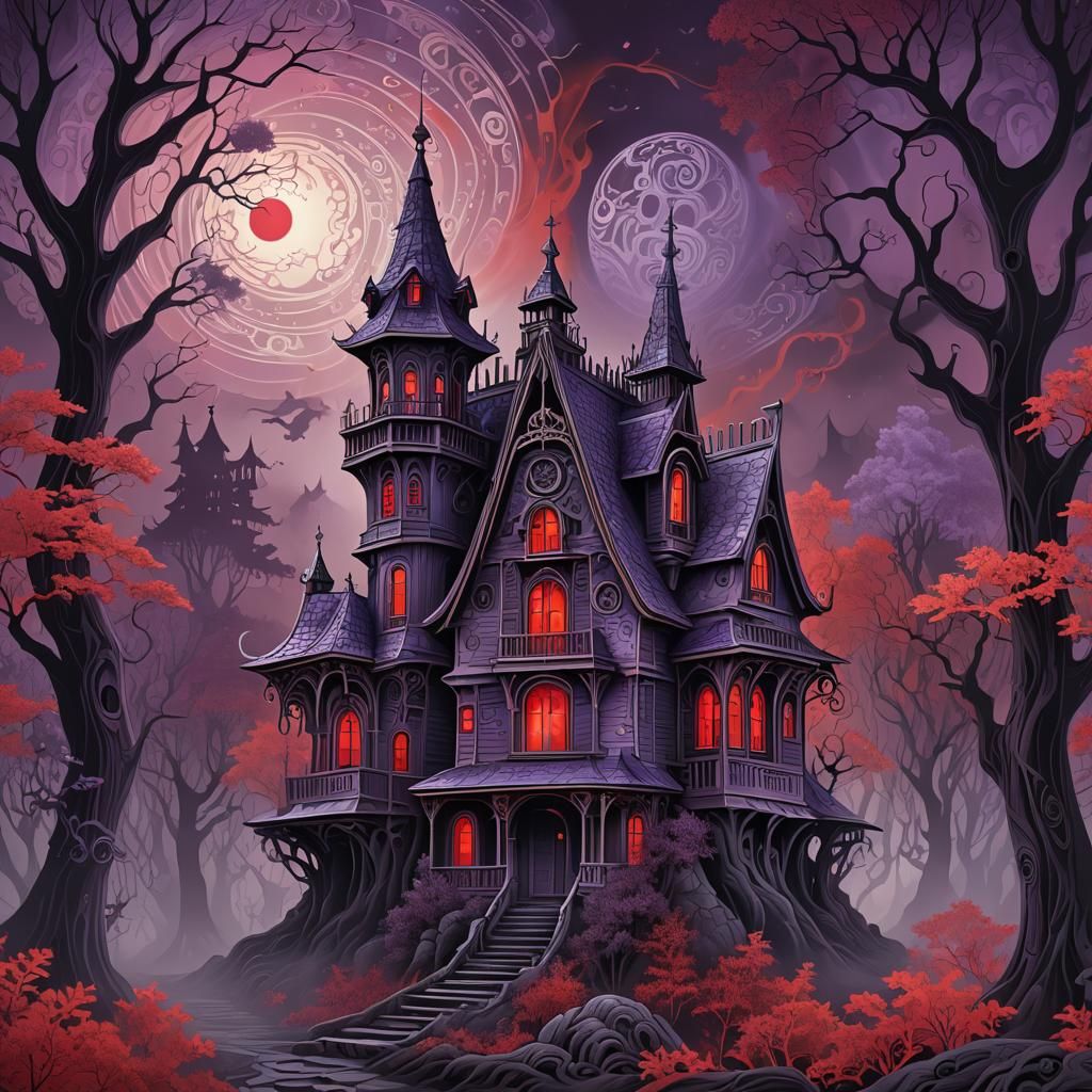 Eerie Haunted House in Misty Forest with Ghost