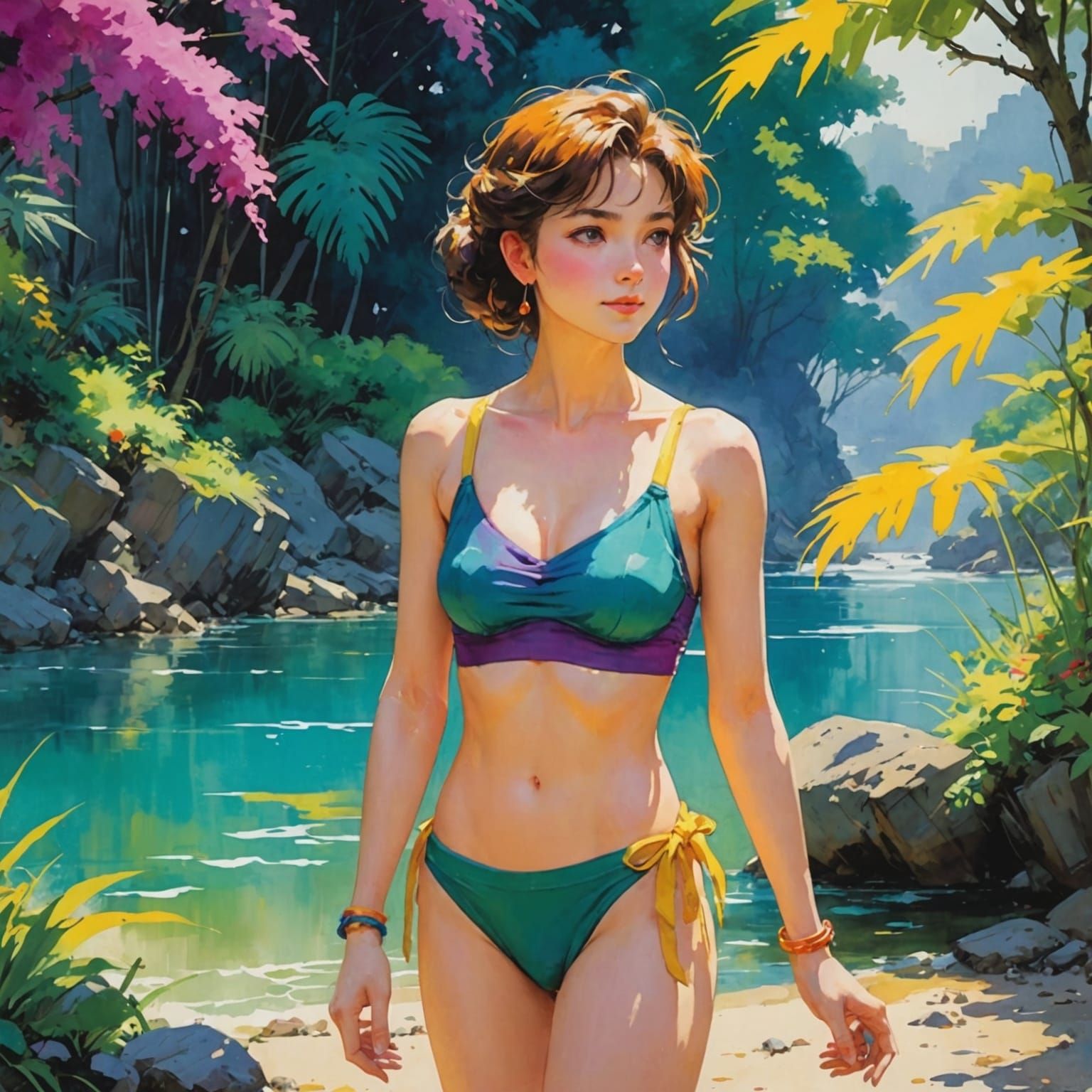 Anime Bikini Girl in Ghibli Style, Colorful and Sunny