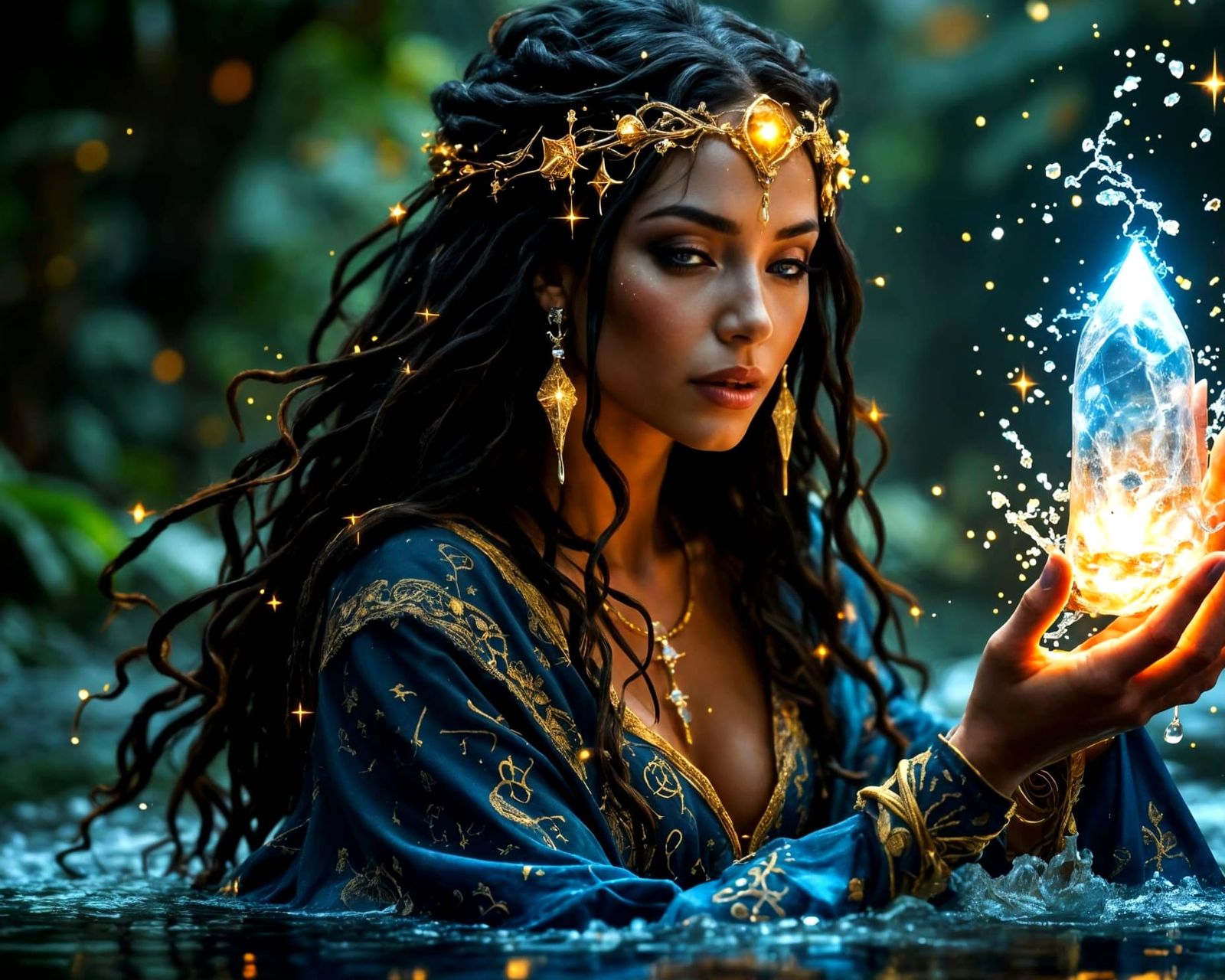 Ethereal River Witch in Ancient Mystic Futuristic Elegance