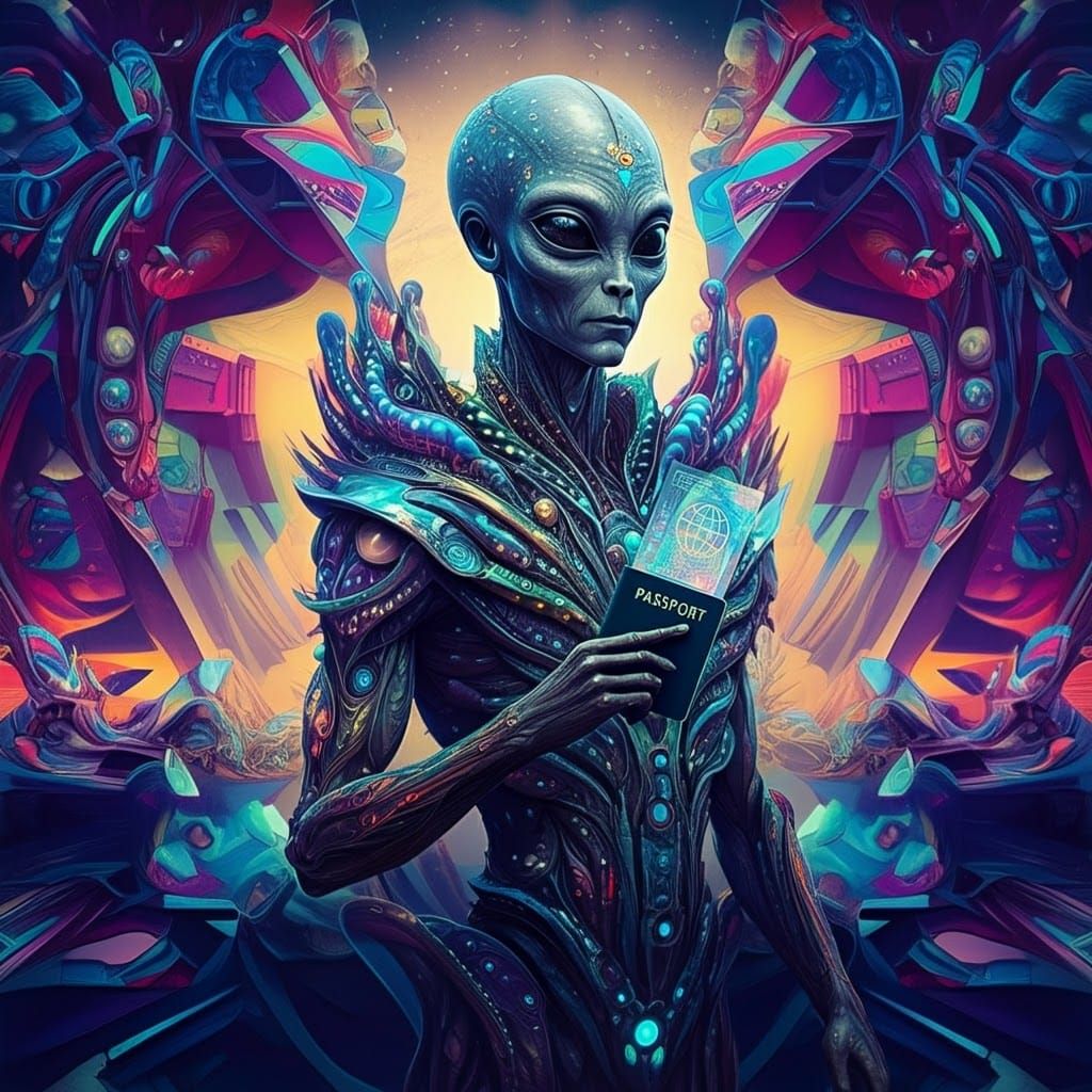 Alien at Crystalline Gateway in Futuristic Surrealism Style