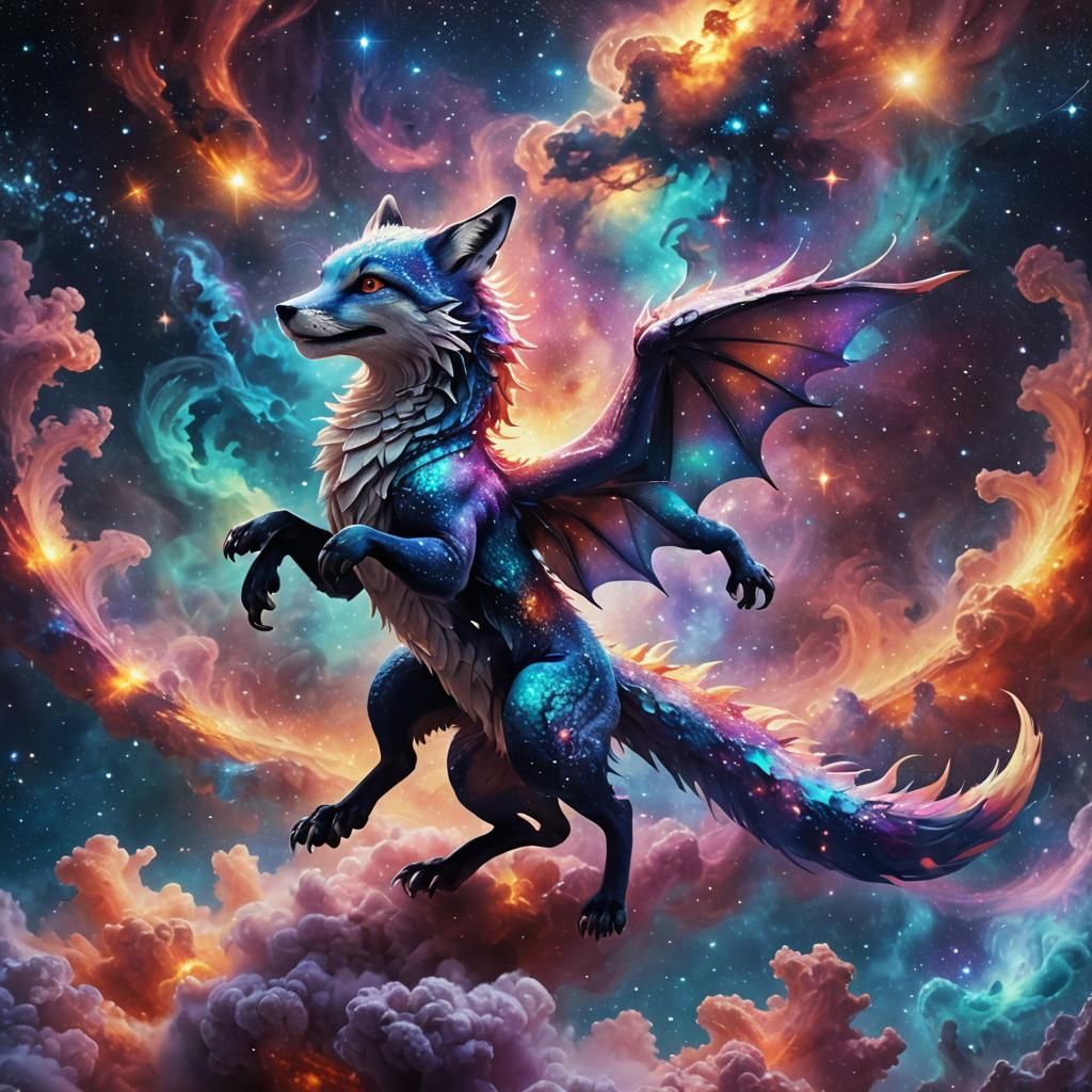Majestic Galaxy Fox Dragon Soaring Through Nebula
