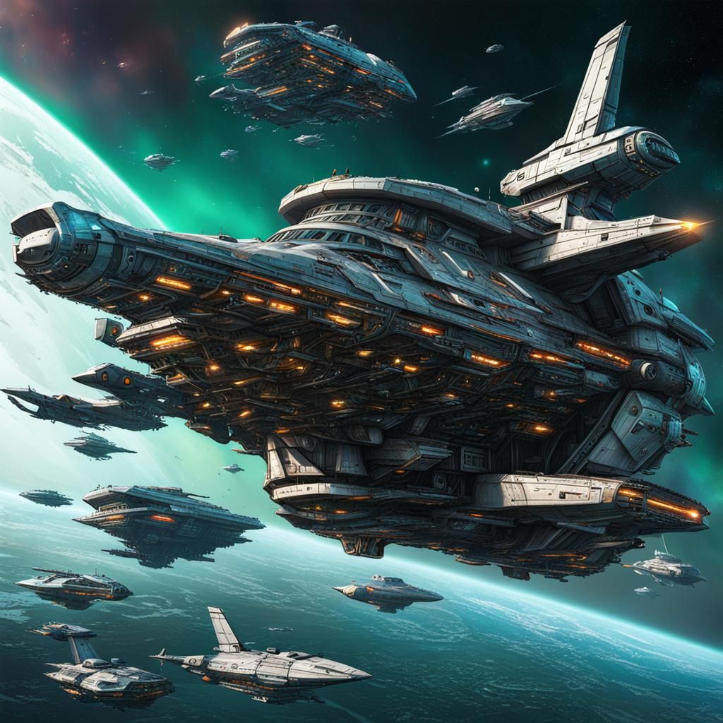 CelticPunk Starship Colony Fleet in Hyperrealistic Style