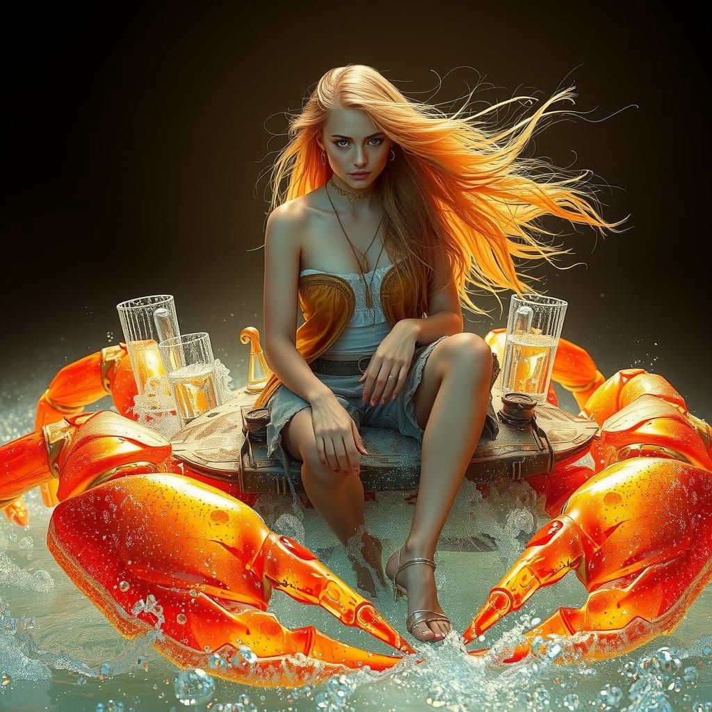 Woman on Gummy Crab in Dreamlike Soda Sea