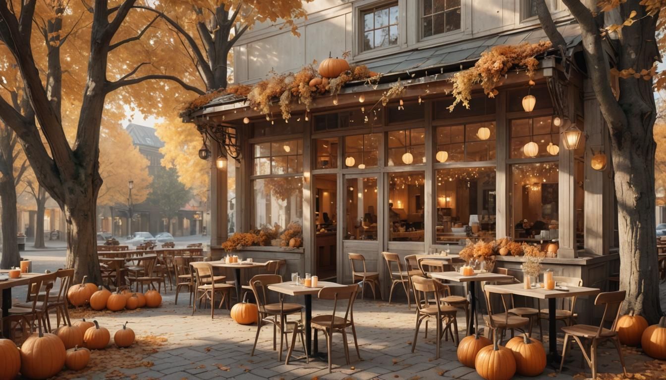Create a cozy autumn café scene with a calm and inviting atm...