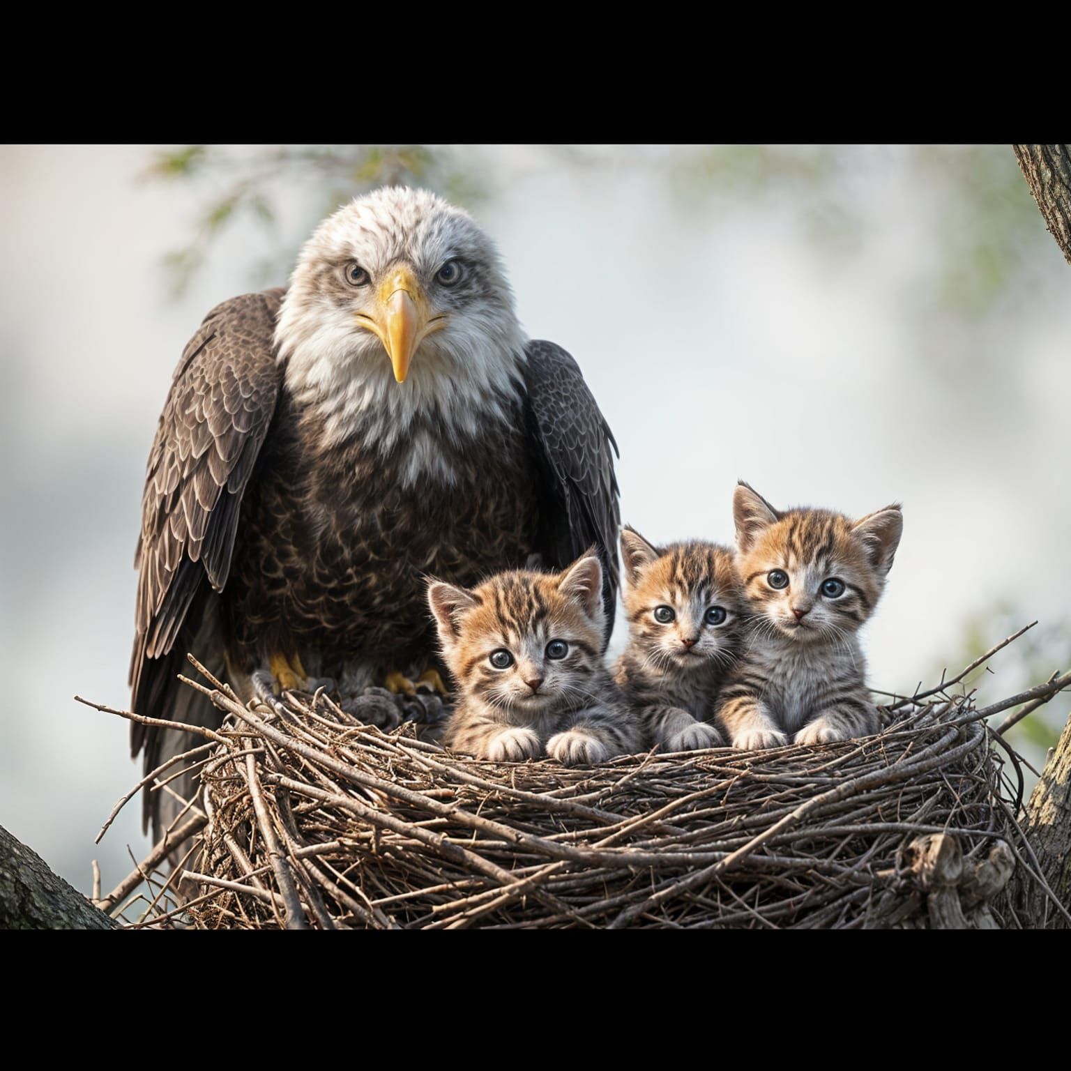 Cute Kittens Snuggle with Majestic Eagle in Bird's Nest