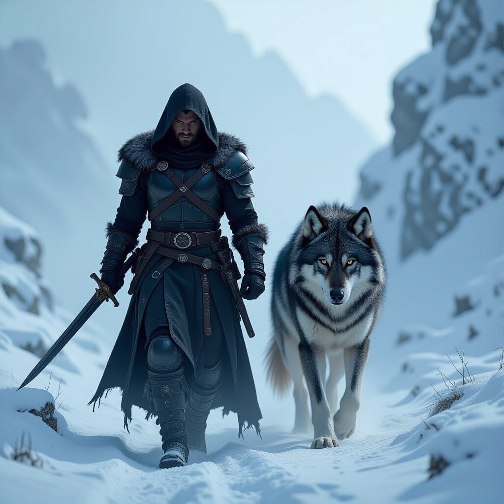 Hooded Warrior and Wolf on Misty Mountain Path