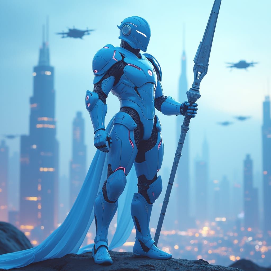 Futuristic Knight in Cyberpunk Cityscape