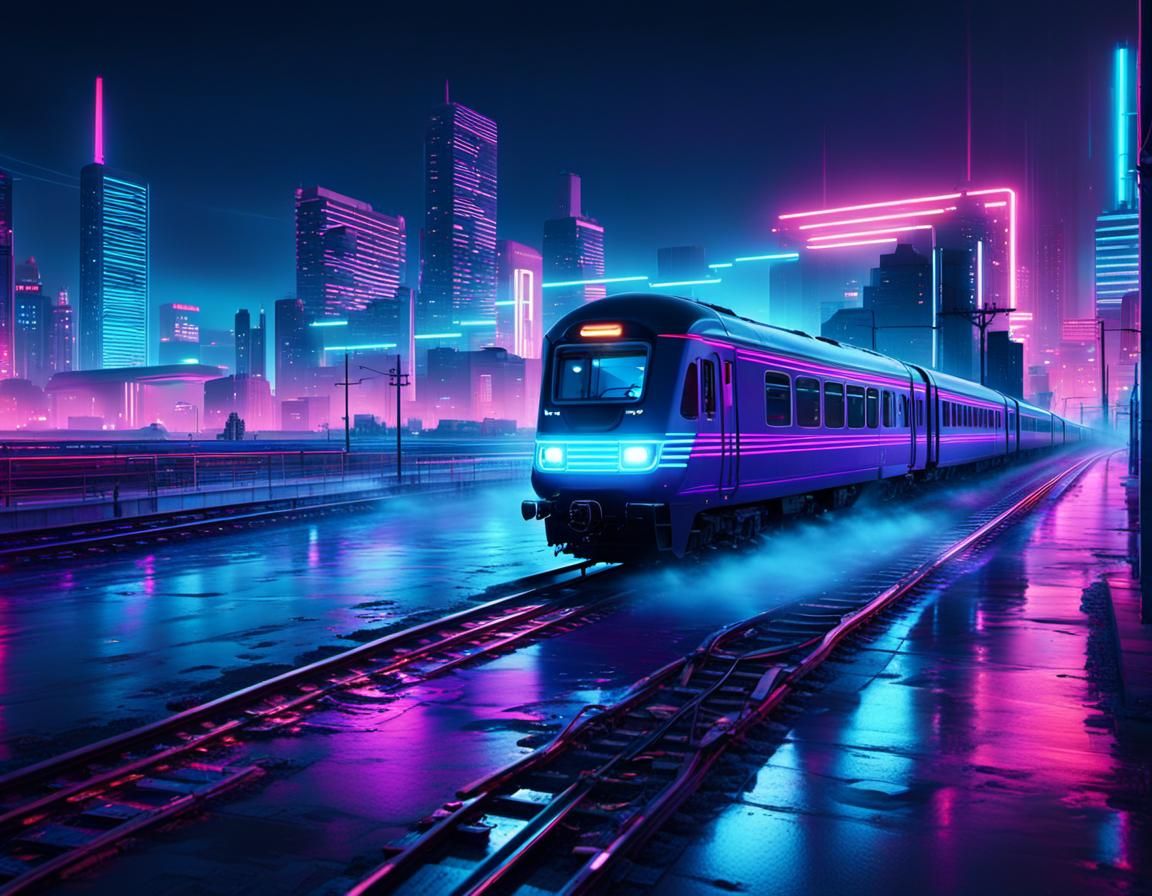 Neon Trains Speeding Through Cyberpunk Cityscape