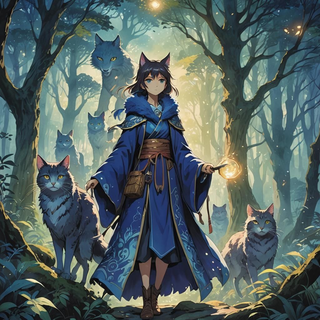 Catfolk Sorceress in Mystical Forest, Anime Style