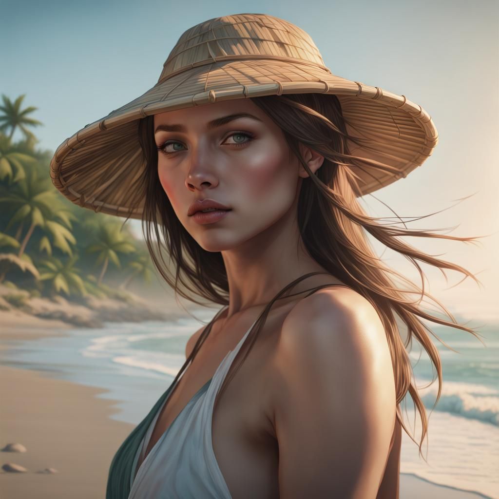 Girl at Beach Portrait in Hyperdetailed Splash Art Style