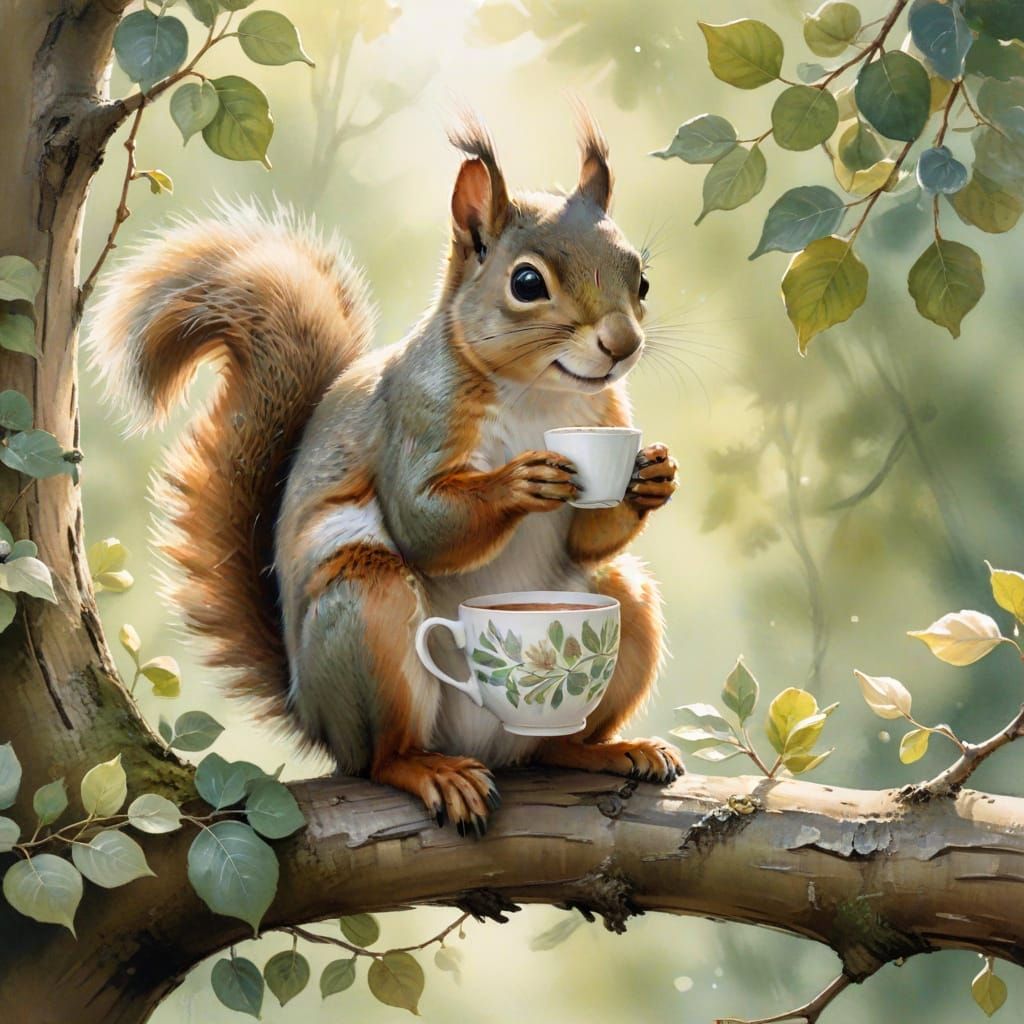 Whimsical Forest Sprite Holds Tiny Coffee Cup