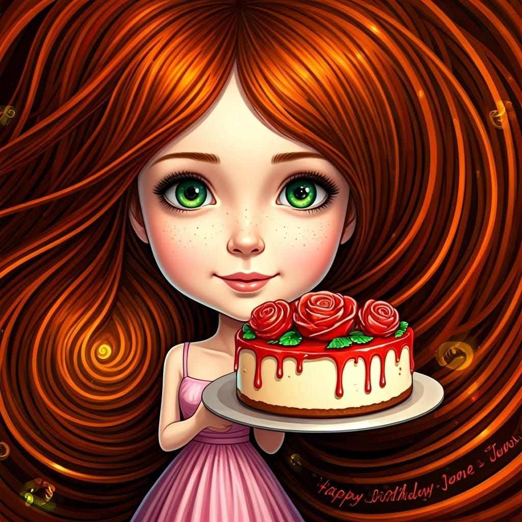 Girl with Strawberry Cheesecake in Abstract Digital Art