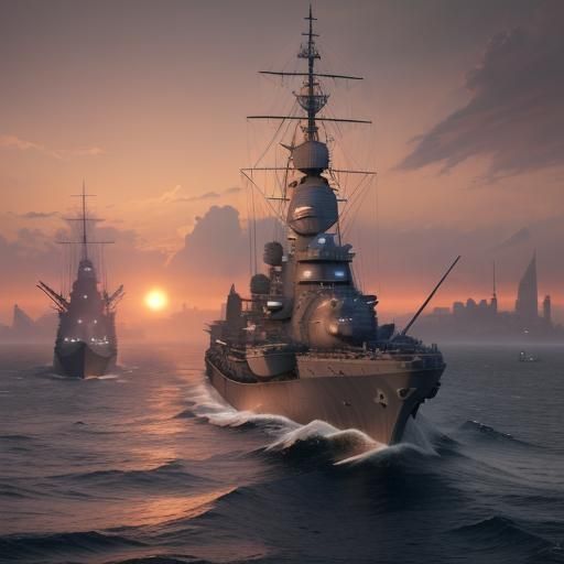 Epic Battleships Clash at Sunset: Detailed Matte Painting