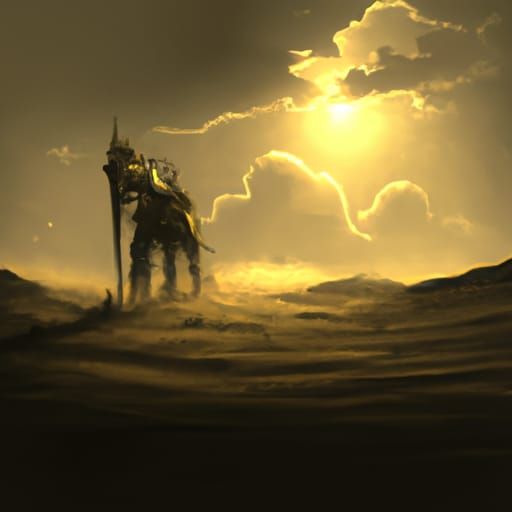 Golden Horse with Hatchet in Dark Aetherpunk Landscape