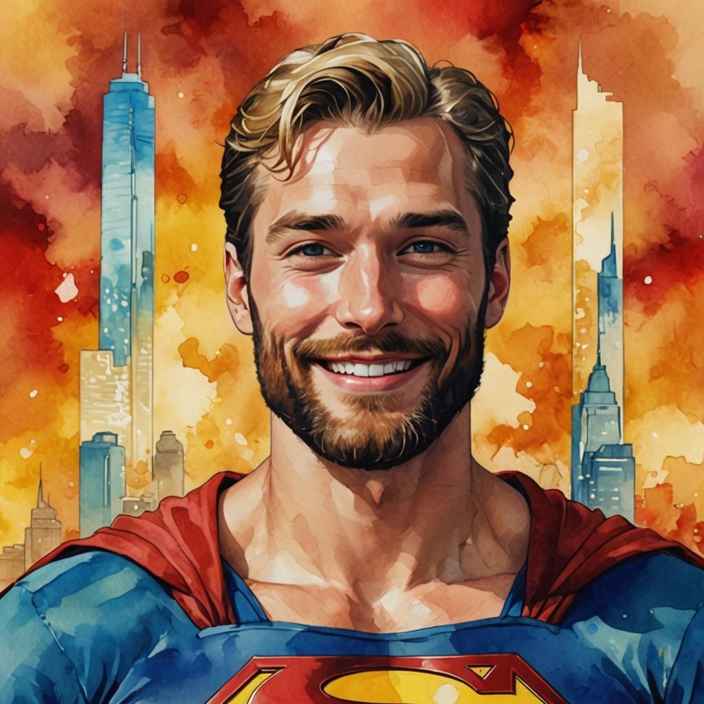 Joyful Blond Superman Portrait in Digital Art Style