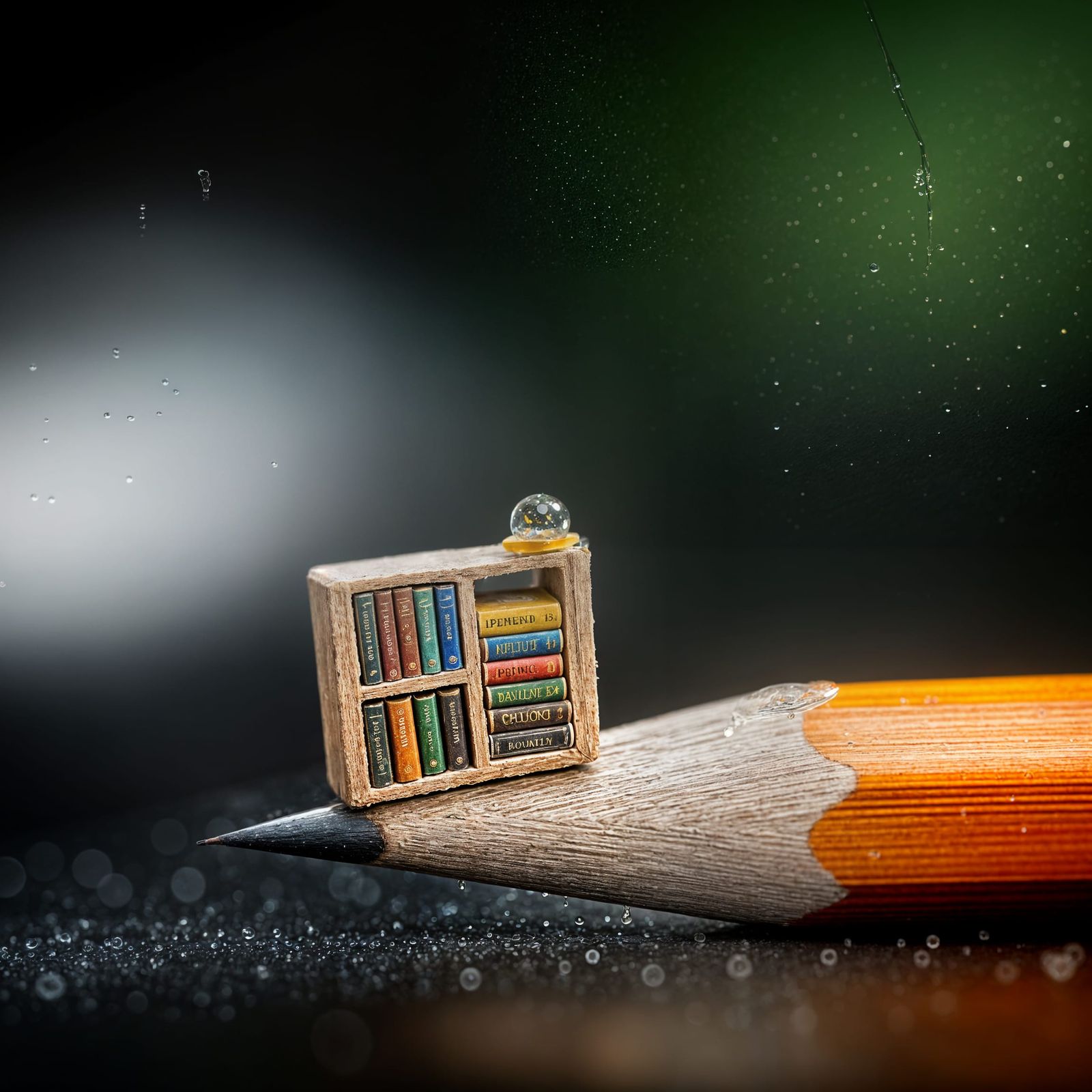 Miniature Library Reflected in Morning Dew