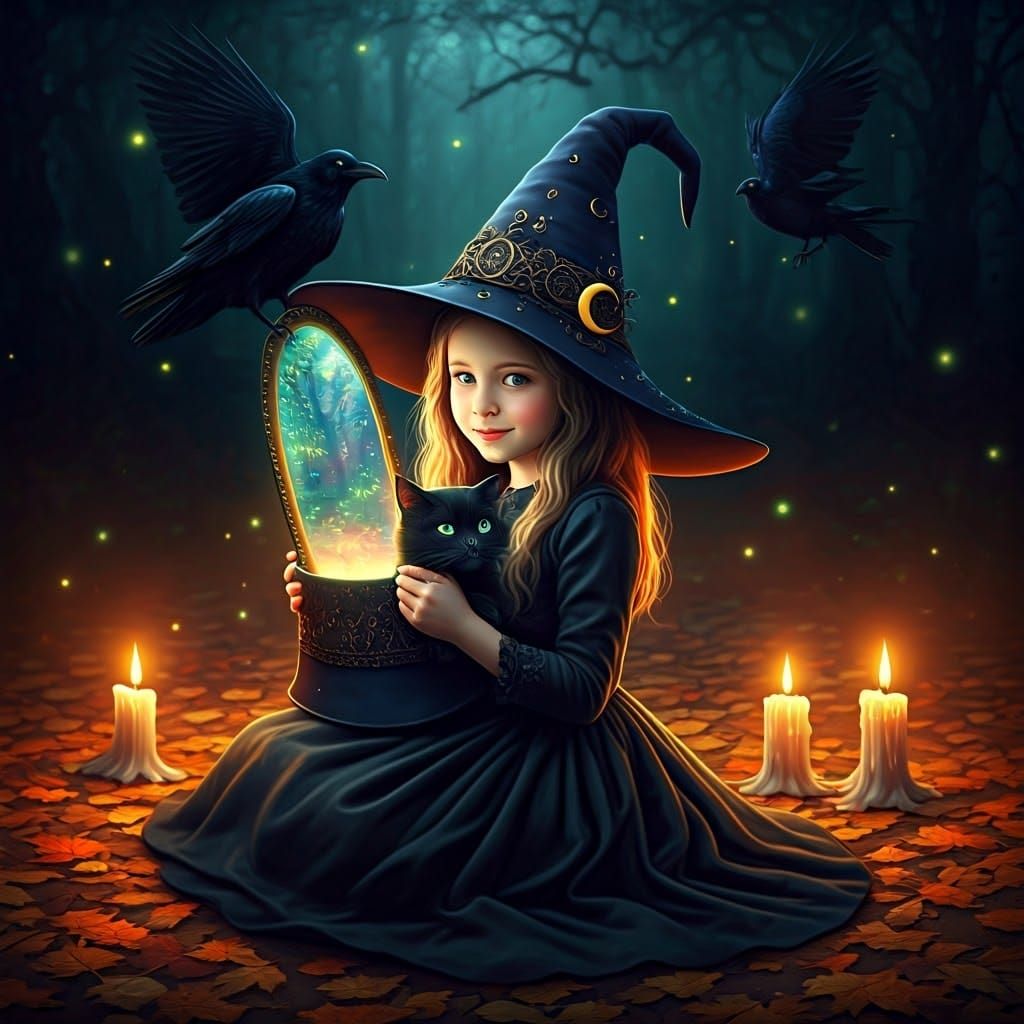 Magical Portal Witch Hat with Ravens and Cat