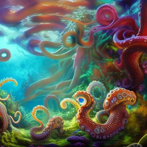 Octopus in Underwater Garden: Hyperrealistic Oil Painting