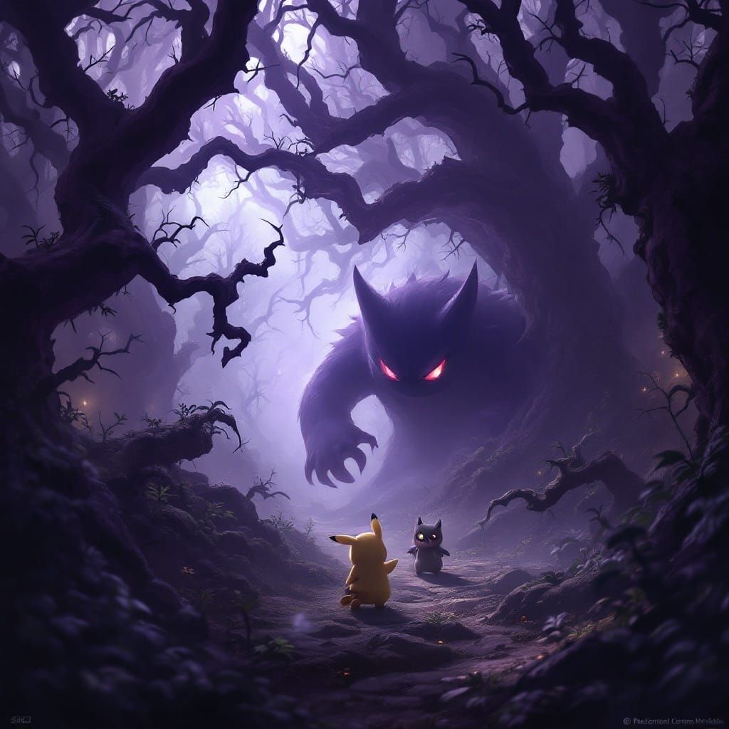 Ghostly Gengar Haunts Pokémon in Mysterious Foggy Forest