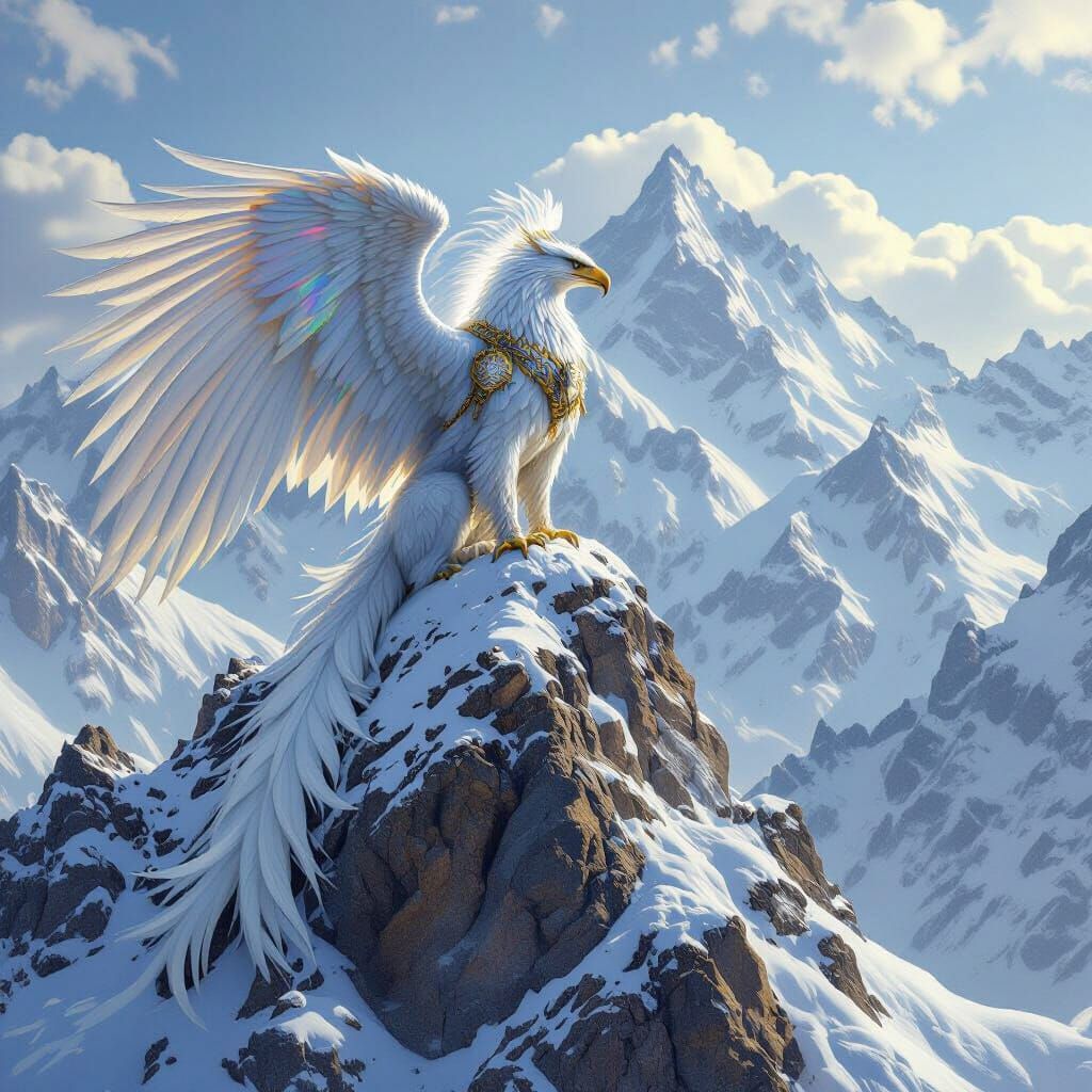 Griffin in Regal Attire Surveys Mountain Domain