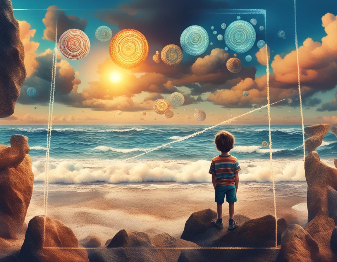Surreal Beach Scene with Geometric Clouds, Digital Art