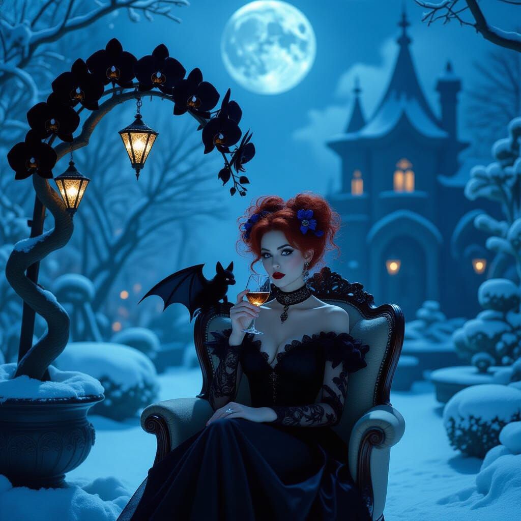 Gothic Winter Garden with Woman and Bat, Cinematic Film
