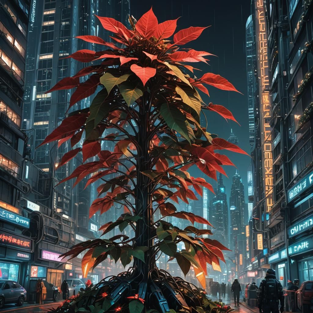 Cyberpunk Christmas Poinsettia Cityscape in 8K