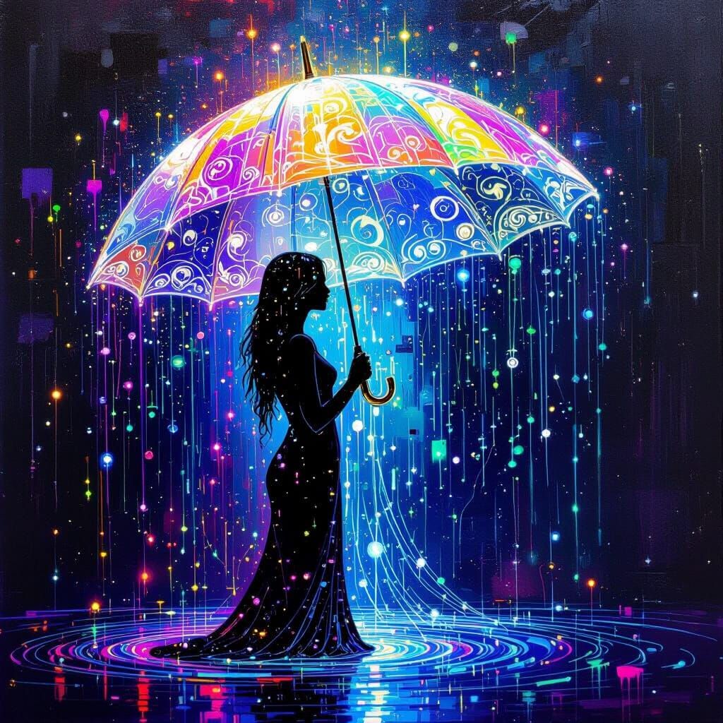 Bioluminescent Silhouette with AI Matrix in Klimt Impasto St...