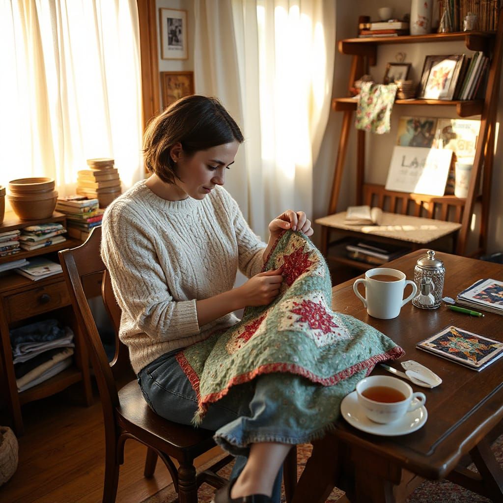 Charming Tradwife Hand-Stitching Quilt in Sunlight