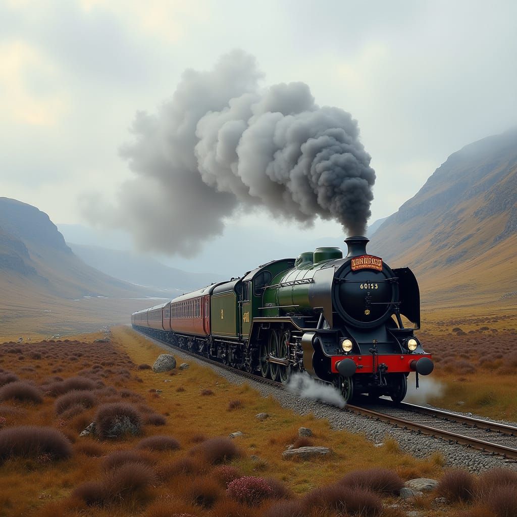 Sleek Flying Scotsman Locomotive Chugs Along Rannoch Moor