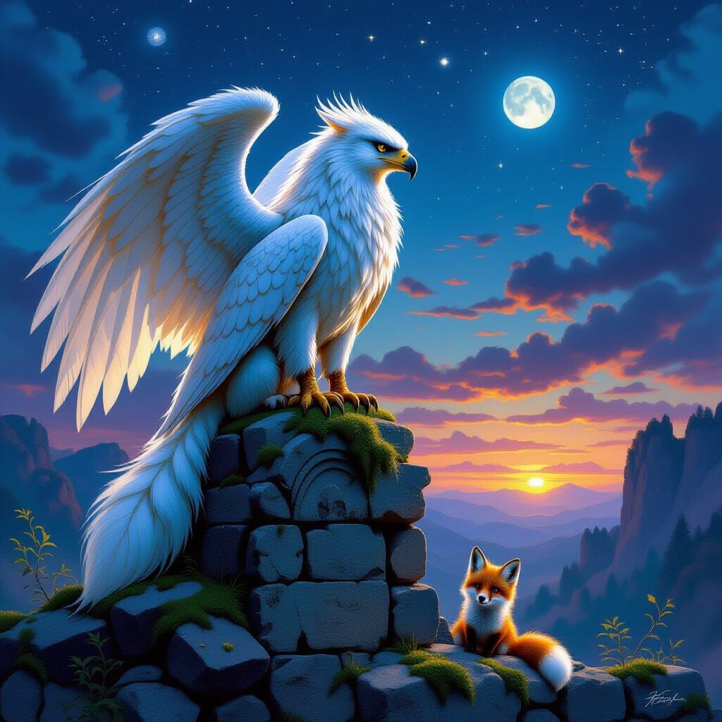 Majestic Griffin on Ancient Ruins in Twilight Oil Painting