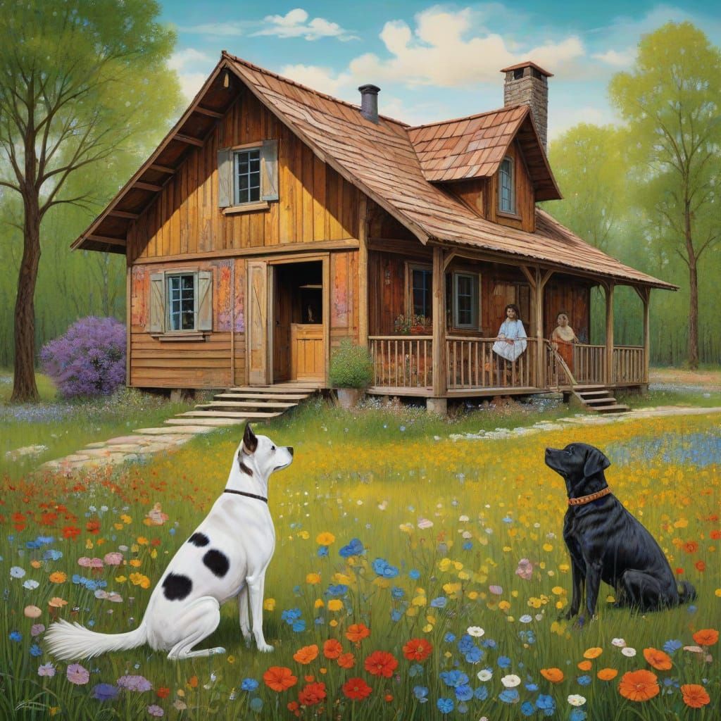 Vibrant Splash Art of a Woman and Her Dog in a Spring Meadow