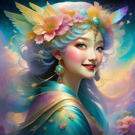 Summer Goddess with Abstract Clouds, Digital Art