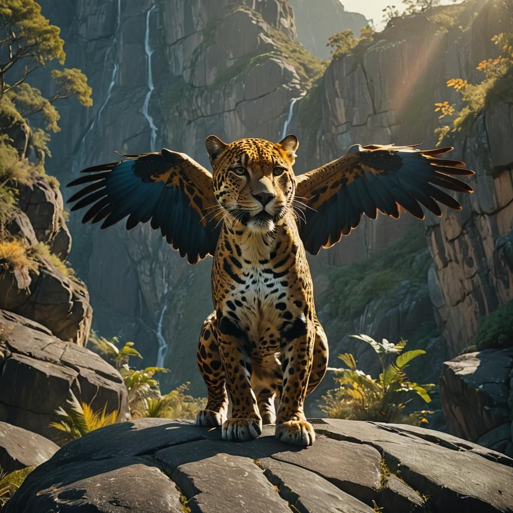Winged Jaguar on Rocky Cliff in Cinematic Style