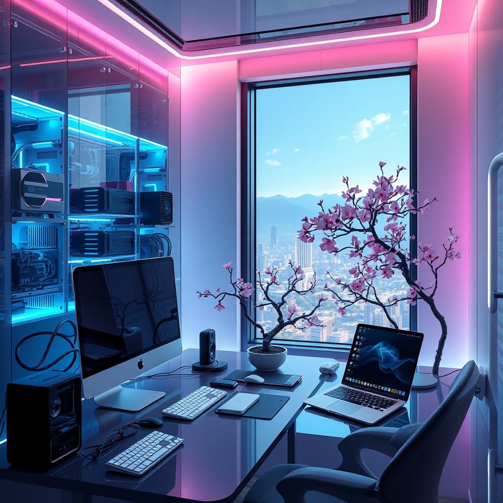 Futuristic Apple Workspace with Transparent Tech Walls