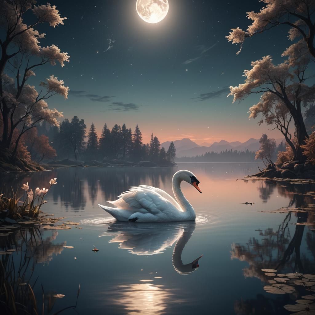 Swan on Moonlit Lake: Fantastical Matte Painting