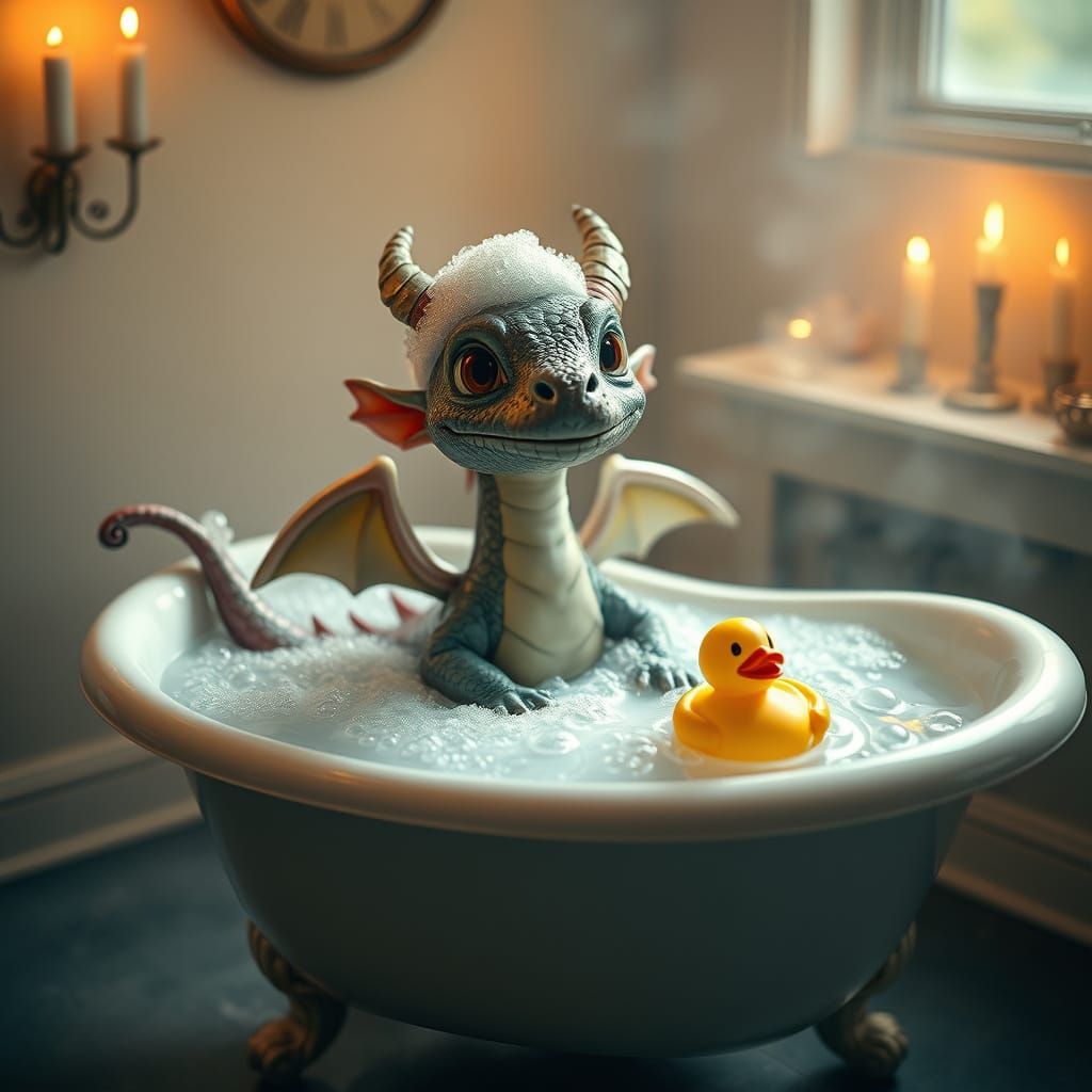 Baby Dragon Plays in Vintage Clawfoot Tub with Iridescent Sc...