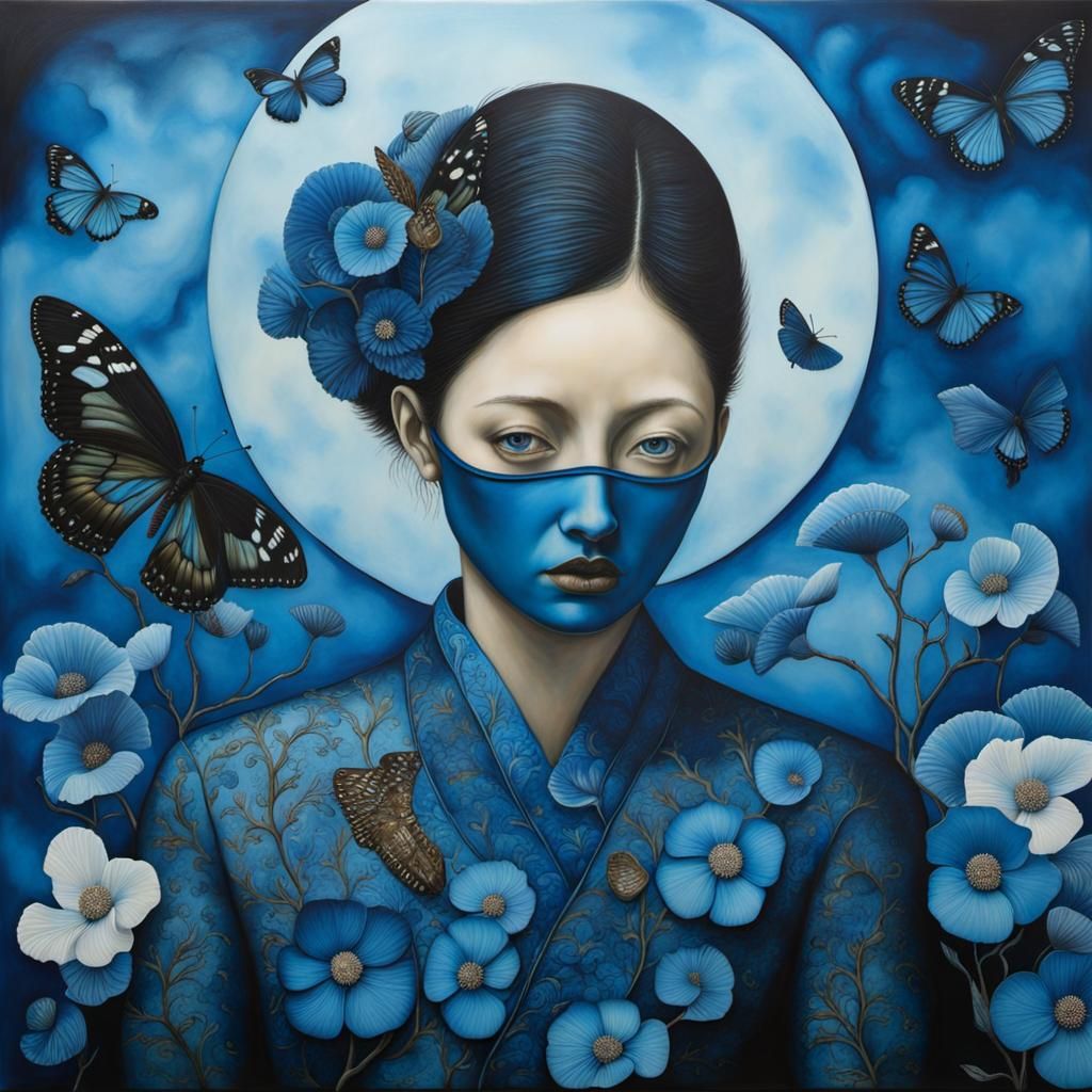 Surreal Blue Mixed Media Scene with Alcohol Ink